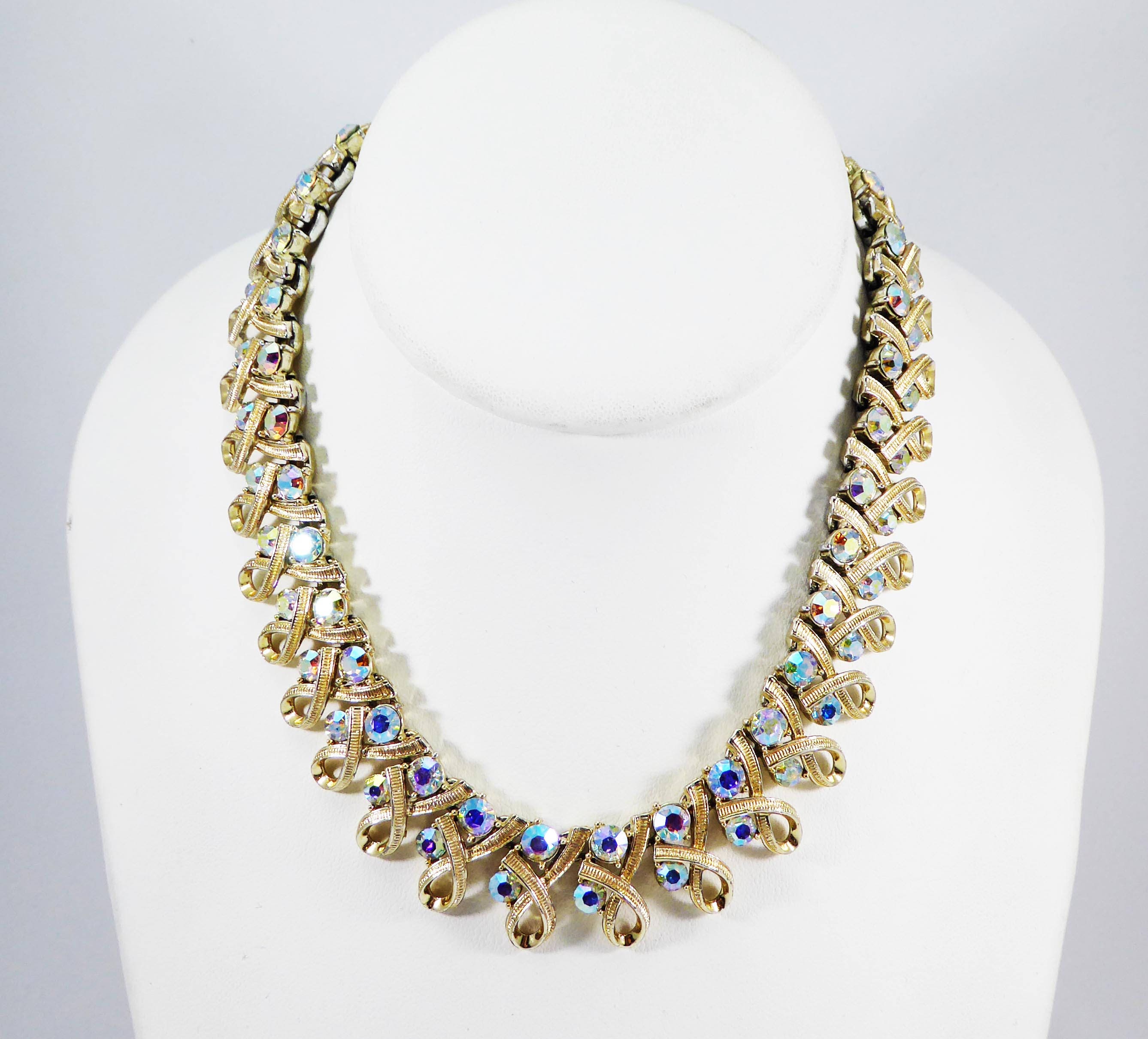 Aurora Borealis Necklace, Signed Coro AB Rhinestone & Gold Tone Loops