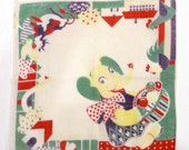 Vintage Childs Handkerchief - Tom Lamb  Elephant and Basket Hankie - 1940's Hanky