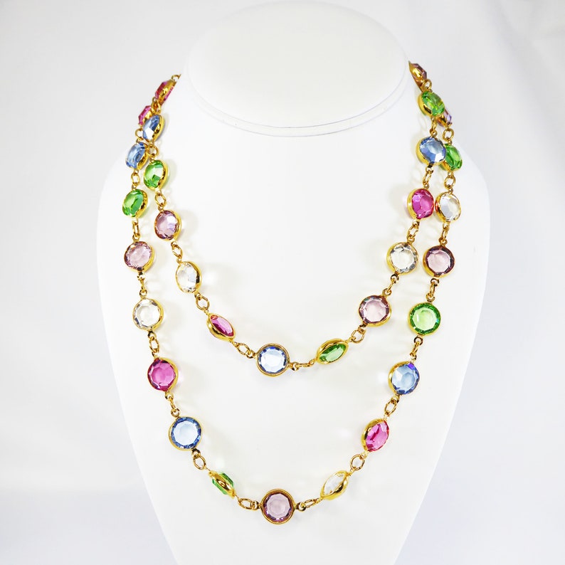 Multicolored Bezel Set Faceted Crystal Beaded Necklace Pierced Earrings and Chain Bracelet Austrian Crystal Beads Possibly Swarouski Vintage