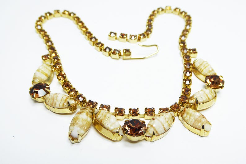 Rhinestone Necklace Bracelet Set Signed Weiss Creamy Beige Striped Art Glass /& Gold Rhinestones Vintage 1950s 1960s Fall Formal Jewelry