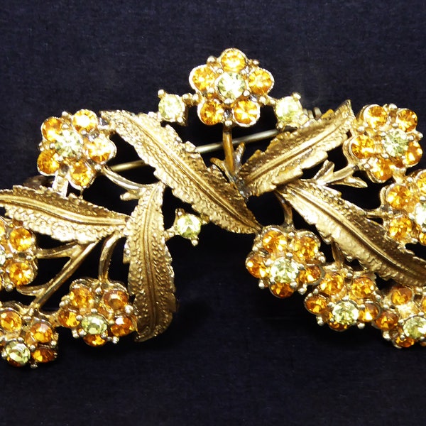 Gold Tone Rhinestone Flower Brooch - Signed Coro - Bouquet of Golden Yellow Flowers - Matte Gold Tone Leaves Vintage 1940s Floral Jewelry