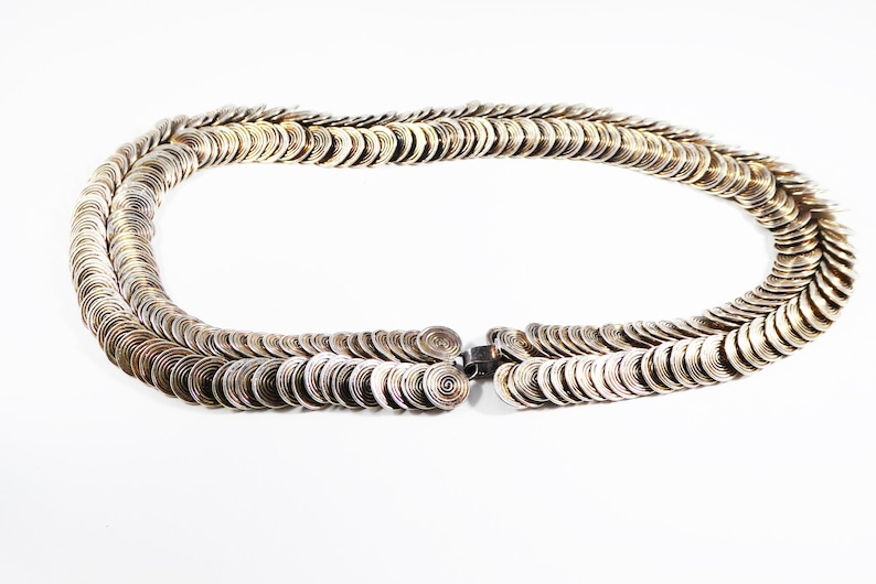 Art Deco Sterling Silver Necklace Double Row Round Link 925 Spiral Links 16 inch Choker Length Modernist Mid Century Vintage 1940s 1960s