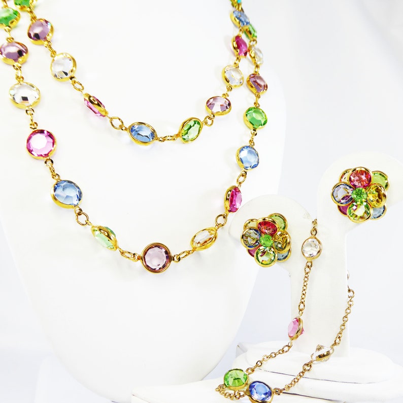 Multicolored Bezel Set Faceted Crystal Beaded Necklace Pierced Earrings and Chain Bracelet Austrian Crystal Beads Possibly Swarouski Vintage