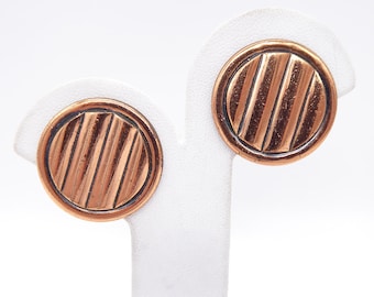 Signed Bergere Copper Clip on Button Style Earrings, Vintage 1950s 1960s Mid Century Modern Jewelry
