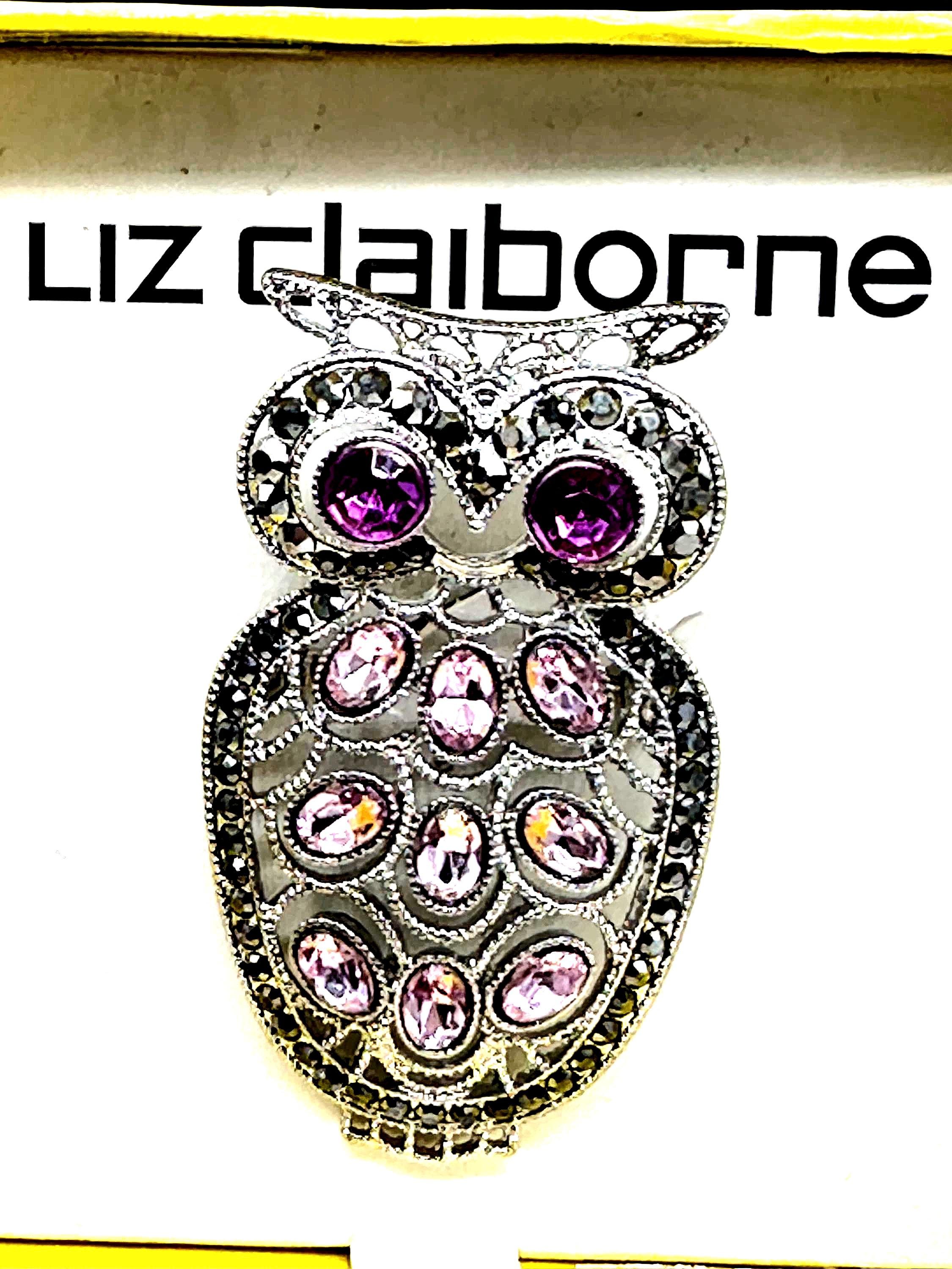 Vintage Liz Claiborne Owl Brooch: Purple Rhinestone Bird Pin
