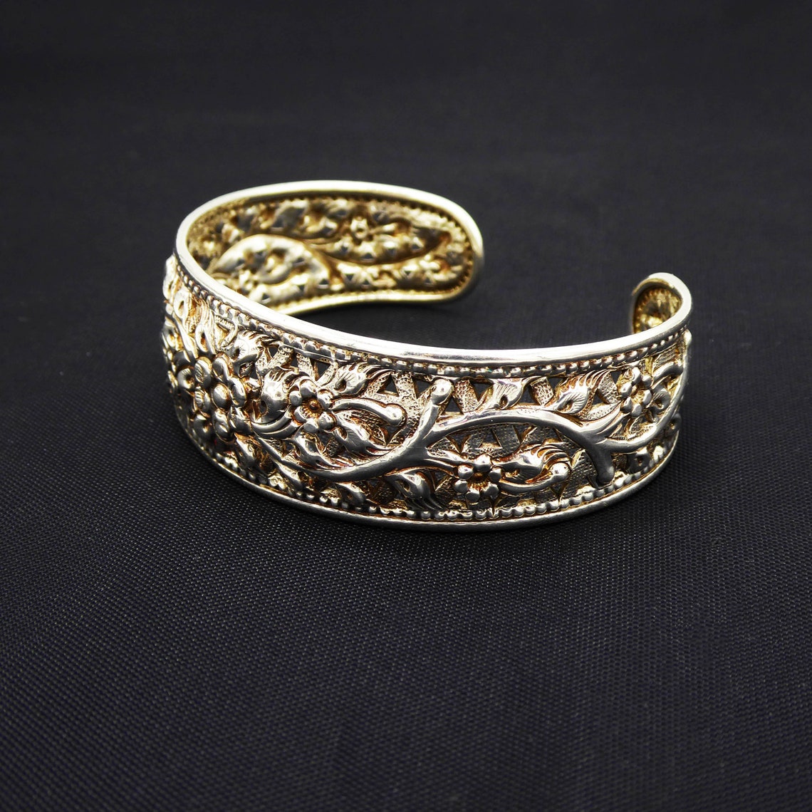 Sterling Silver Floral Cuff Bracelet Marked 925 Flared Edge Etsy