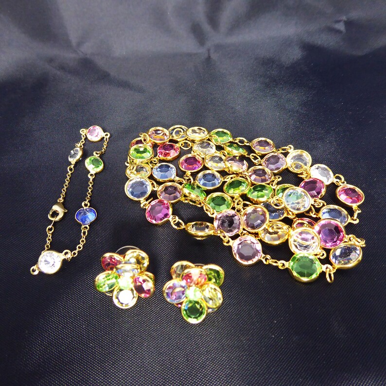 Multicolored Bezel Set Faceted Crystal Beaded Necklace Pierced Earrings and Chain Bracelet Austrian Crystal Beads Possibly Swarouski Vintage