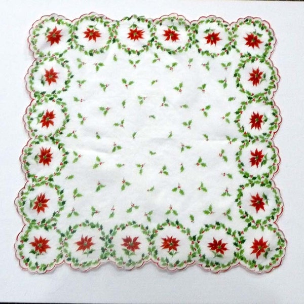 Vintage Christmas Handkerchief - Poinsettia Flowers, Holly & Berries 1950's Scalloped Edge Hanky