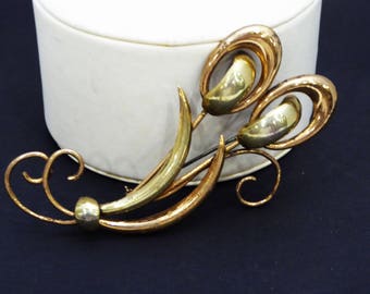 Sterling Art Deco Flower Brooch, Gold over Sterling Cat Tails, Vintage 1930s 1940s Large Pin Marked STERLING Silver Floral Modernist Jewelry