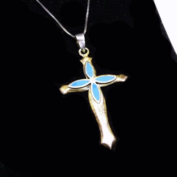 Reserved for ROOM - Sterling Silver Cross Necklace - Royal Blue Enamel Signed 925 Pendant & Chain