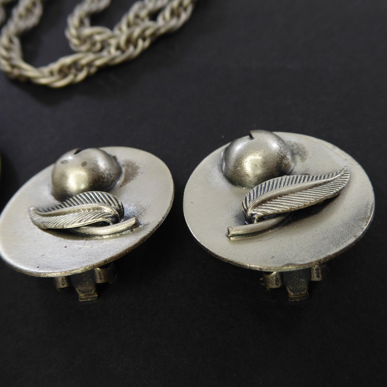 Austrian Tulip Flower Pendant /& Earrings Set Signed Made in Austria Silver Tone Chain Necklace and Clip Ons Mid Century 1950s Floral Jewelry