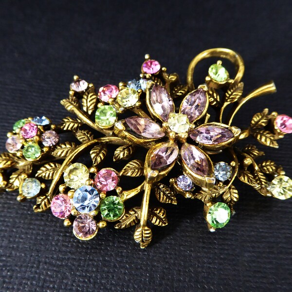 Bouquet of Pastel Rhinestone Flowers Pendant Signed Coro Purple Daisy, Pink, Yellow, Blue, Green Lavender Rhinestones Vintage 1950s Flower
