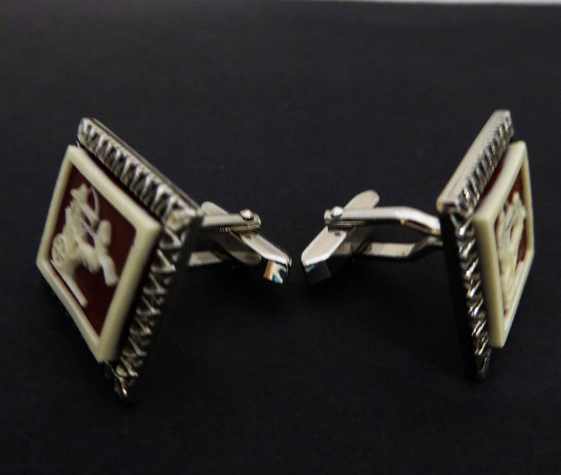 Vintage 1980s 1990s for Men White Horse Chariot Rust Brown Greek Soldier Intaglio Cameo Style Cuff Links Retangle Shaped Silver Tone