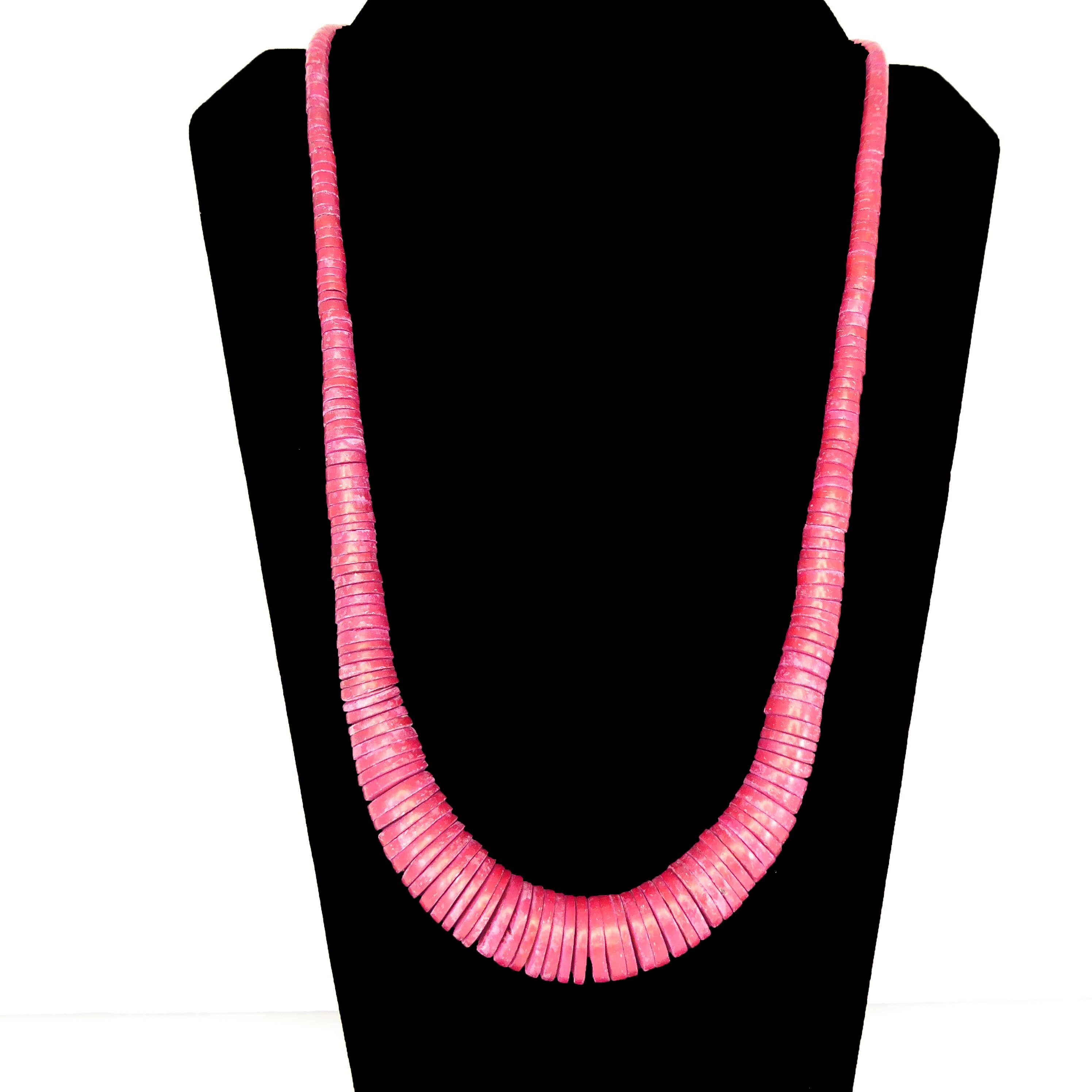 Dark Fuchsia Pink Wood Disk Beaded Necklace Boho 24 Opera Dark Fuchsia Pink Wood Disk Beaded Necklace Boho 24 Opera Length With Light Weight Wooden Graduated Beads