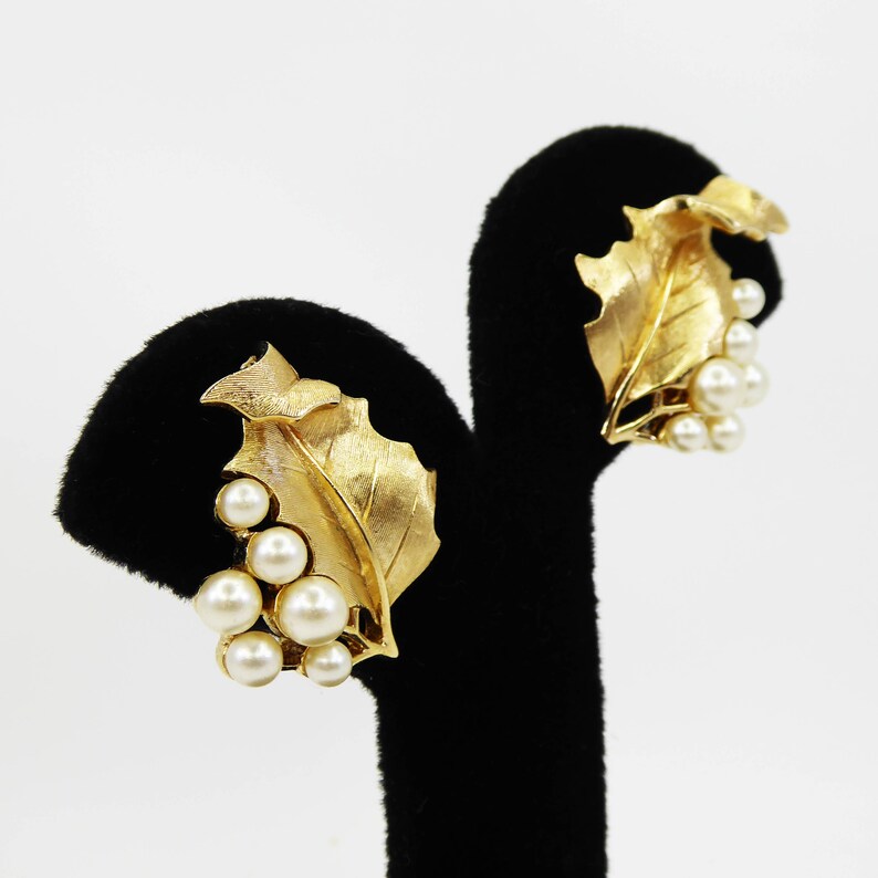 Vintage 1950s 1960s, Signed Trifari Fall Leaves Clip on Earrings Classic Brushed Gold Tone Curled Leaf with Faux Pearl Beads