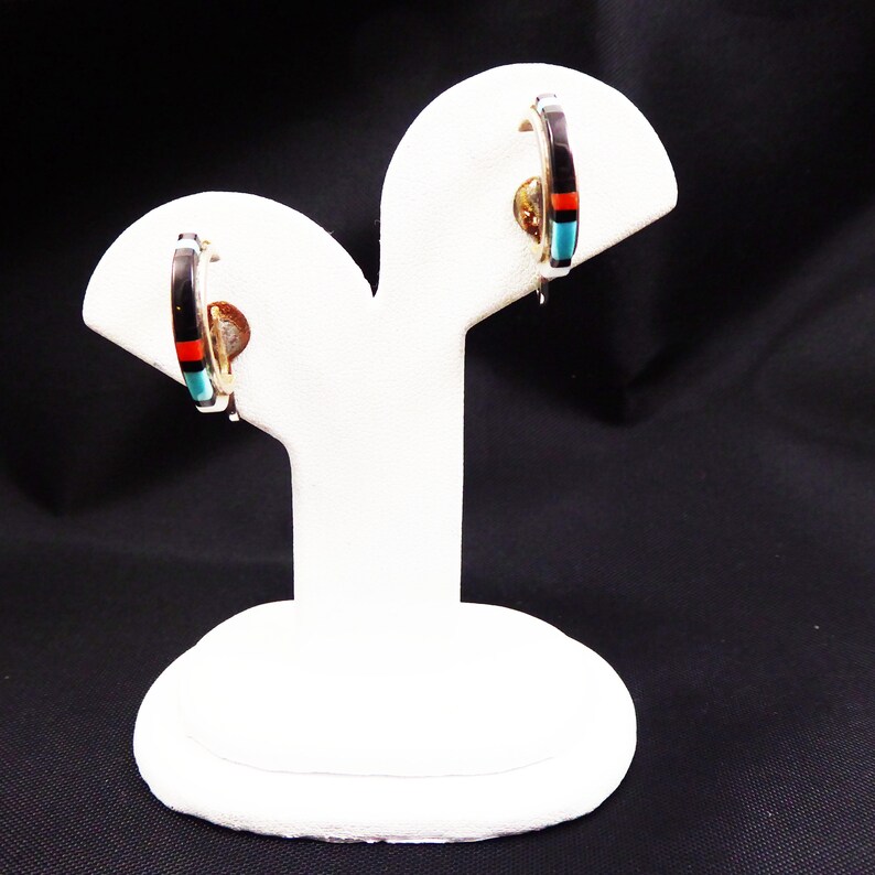 Vintage Zuni Hoop Clip On Earrings Vintage 1950s 1960s Mother of Pearl Black Onyx Turquoise+Coral on 925 Sterling Silver 1950s 1960s