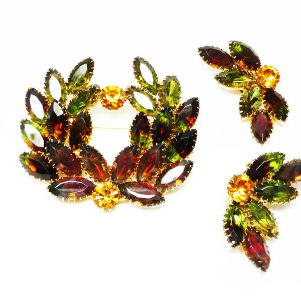 Fall Rhinestone Brooch & Earrings - Winged Wreath Swag Earrings Set in Brown, Green Gold Glass Marquise Rhinestones Mid Century Demi Parure