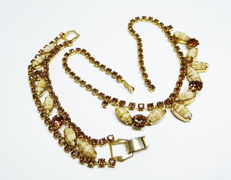Rhinestone Necklace Bracelet Set Signed Weiss Creamy Beige Striped Art Glass /& Gold Rhinestones Vintage 1950s 1960s Fall Formal Jewelry