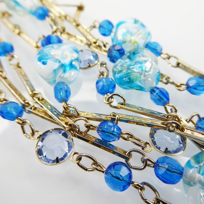 Shades of Blue Beaded Necklace Bezel Set Austrian Crystals Gold Tone Chain with Venetian Glass /& Oval Crystal Beads Vintage 1970s 1980s