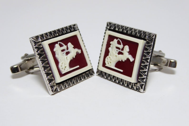 Vintage 1980s 1990s for Men White Horse Chariot Rust Brown Greek Soldier Intaglio Cameo Style Cuff Links Retangle Shaped Silver Tone