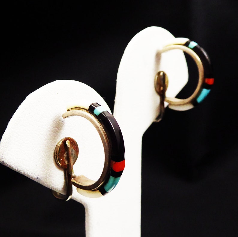 Vintage Zuni Hoop Clip On Earrings Vintage 1950s 1960s Mother of Pearl Black Onyx Turquoise+Coral on 925 Sterling Silver 1950s 1960s