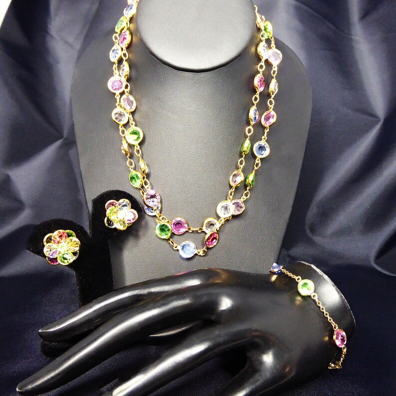 Multicolored Bezel Set Faceted Crystal Beaded Necklace Pierced Earrings and Chain Bracelet Austrian Crystal Beads Possibly Swarouski Vintage