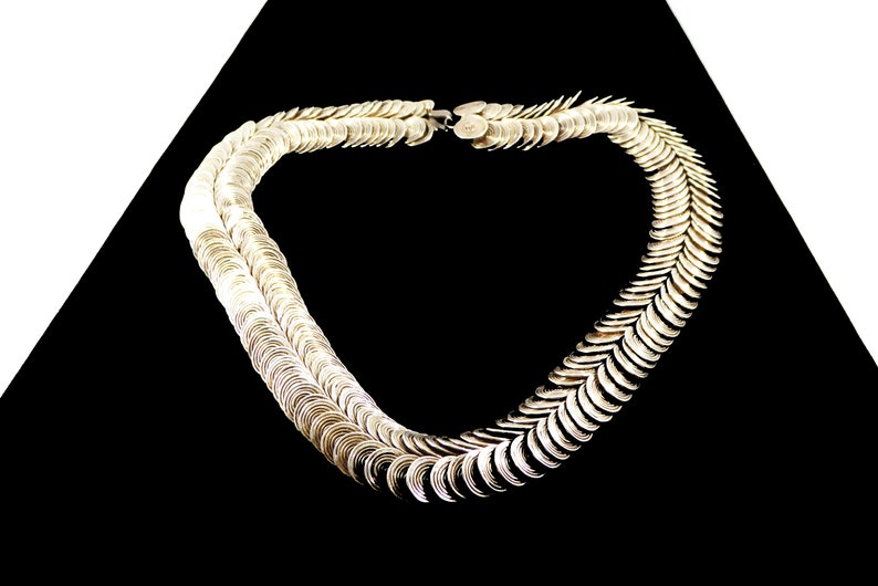 Art Deco Sterling Silver Necklace Double Row Round Link 925 Spiral Links 16 inch Choker Length Modernist Mid Century Vintage 1940s 1960s