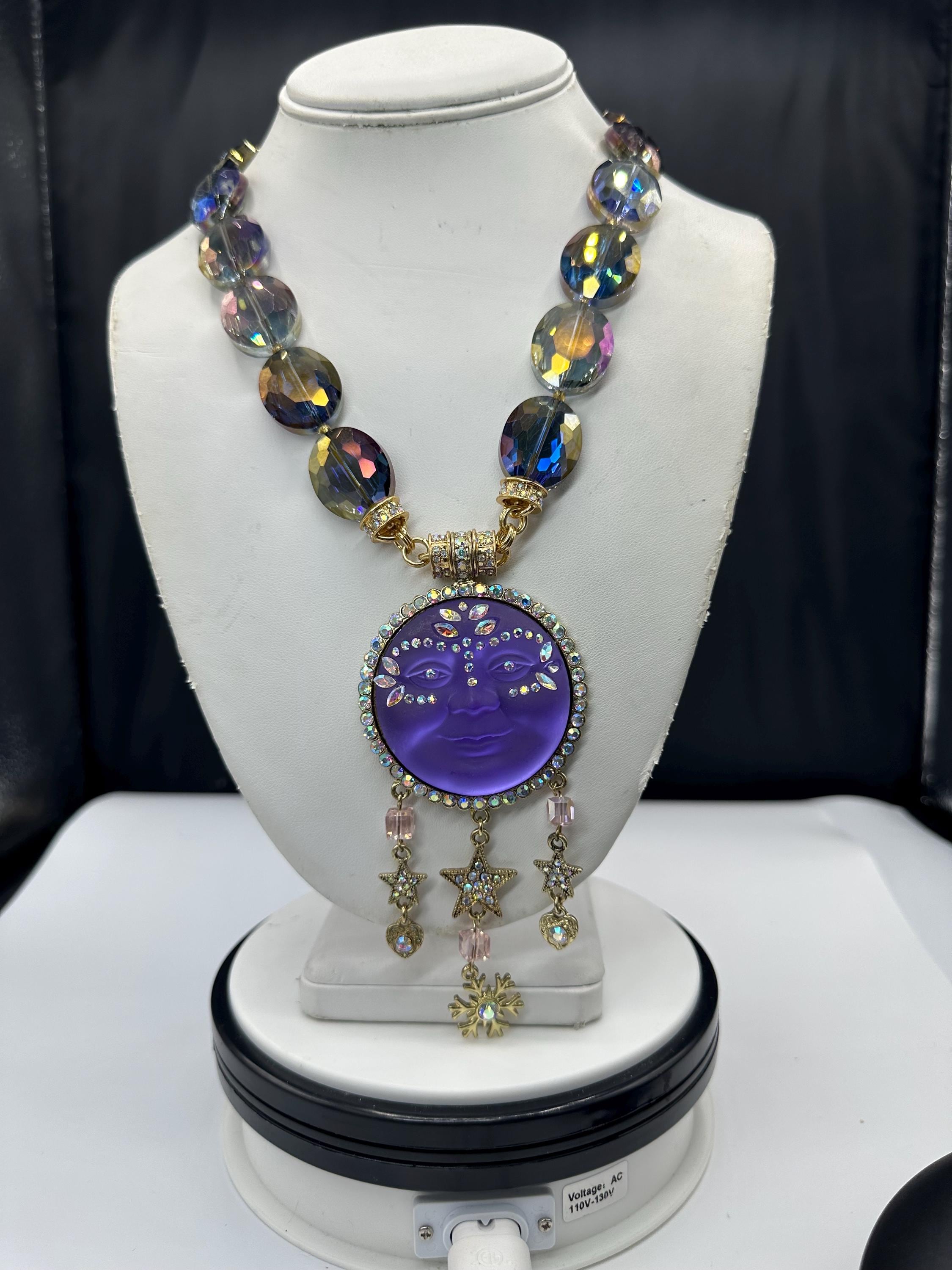 Kirk’s Folly Purple Moon Face, Swarovski Crystal Bead Magnetic Necklace Pendant