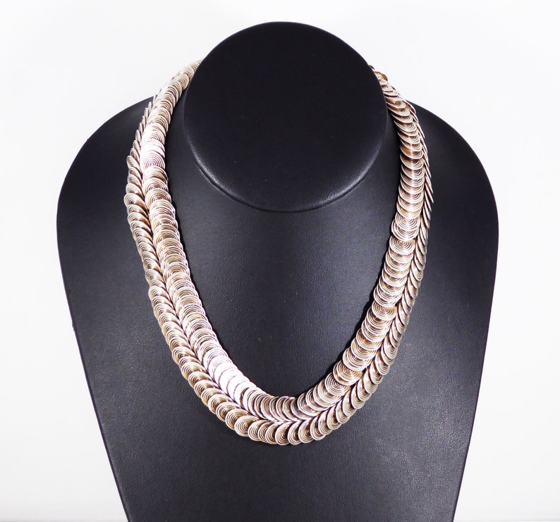 Art Deco Sterling Silver Necklace Double Row Round Link 925 Spiral Links 16 inch Choker Length Modernist Mid Century Vintage 1940s 1960s
