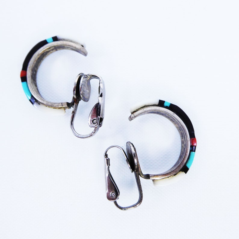 Vintage Zuni Hoop Clip On Earrings Vintage 1950s 1960s Mother of Pearl Black Onyx Turquoise+Coral on 925 Sterling Silver 1950s 1960s