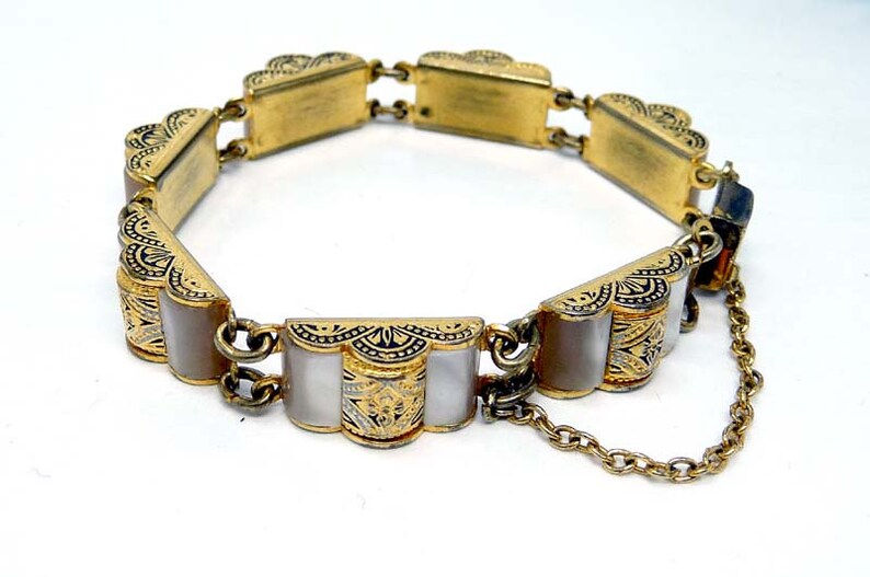 Vintage Damascene Bracelet with Mother of Pearl accents Etsy