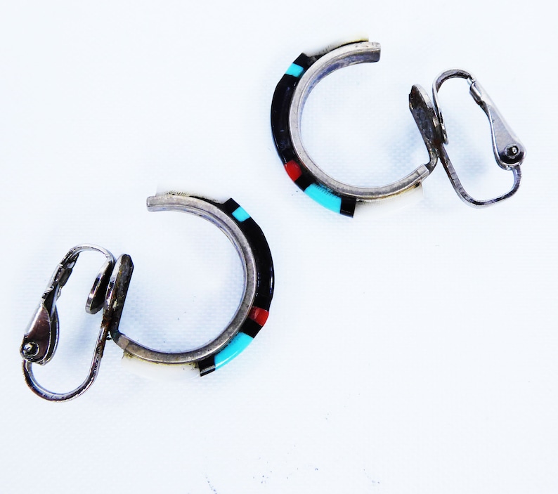 Vintage Zuni Hoop Clip On Earrings Vintage 1950s 1960s Mother of Pearl Black Onyx Turquoise+Coral on 925 Sterling Silver 1950s 1960s