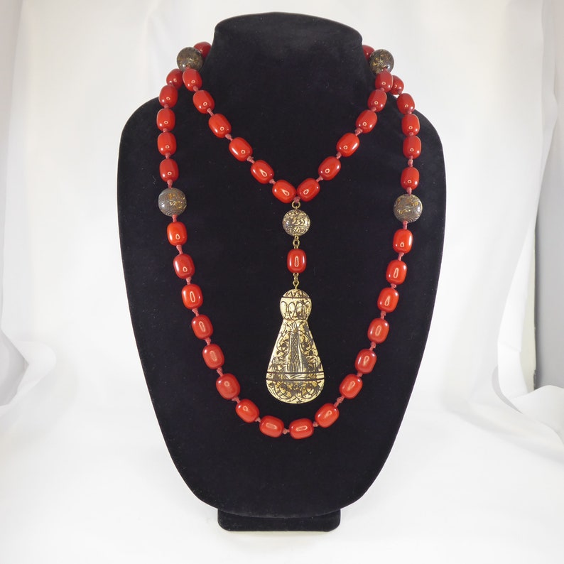 Unique Carnelian /& Bone Hand Knotted Rope Length Beaded Necklace w Large Tear Drop Pendant Vintage 1970s 1980s BOHO Hippie Festival Jewelry