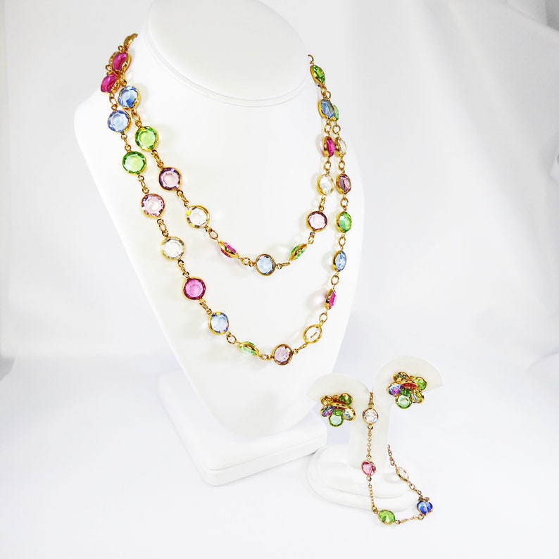 Multicolored Bezel Set Faceted Crystal Beaded Necklace Pierced Earrings and Chain Bracelet Austrian Crystal Beads Possibly Swarouski Vintage