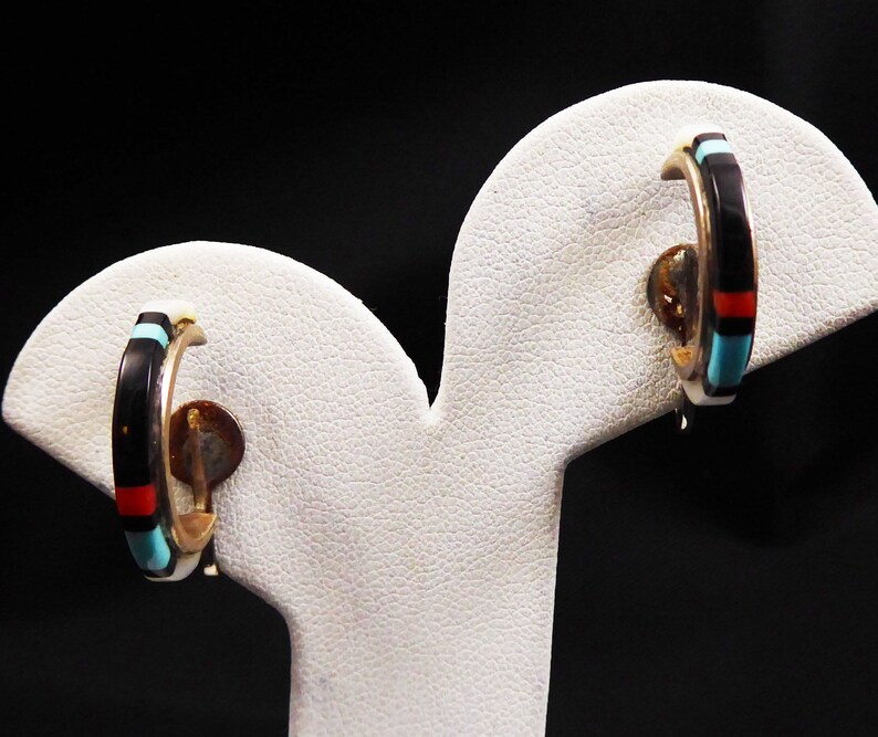 Vintage Zuni Hoop Clip On Earrings Vintage 1950s 1960s Mother of Pearl Black Onyx Turquoise+Coral on 925 Sterling Silver 1950s 1960s