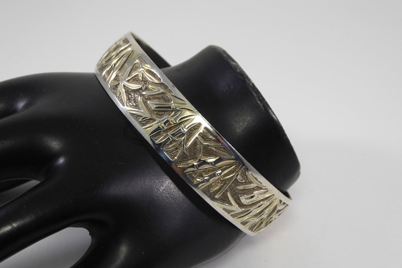 Sterling Silver Bangle Bracelet Bamboo Design 58 wide Tropical Asian Signed 925 Vintage 1970s 1980s BOHO Modern Jewelry gift for her