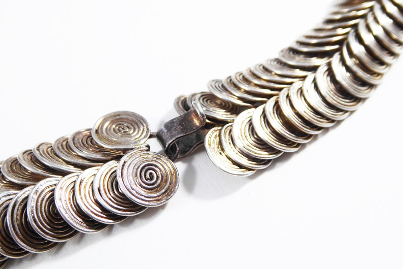 Art Deco Sterling Silver Necklace Double Row Round Link 925 Spiral Links 16 inch Choker Length Modernist Mid Century Vintage 1940s 1960s