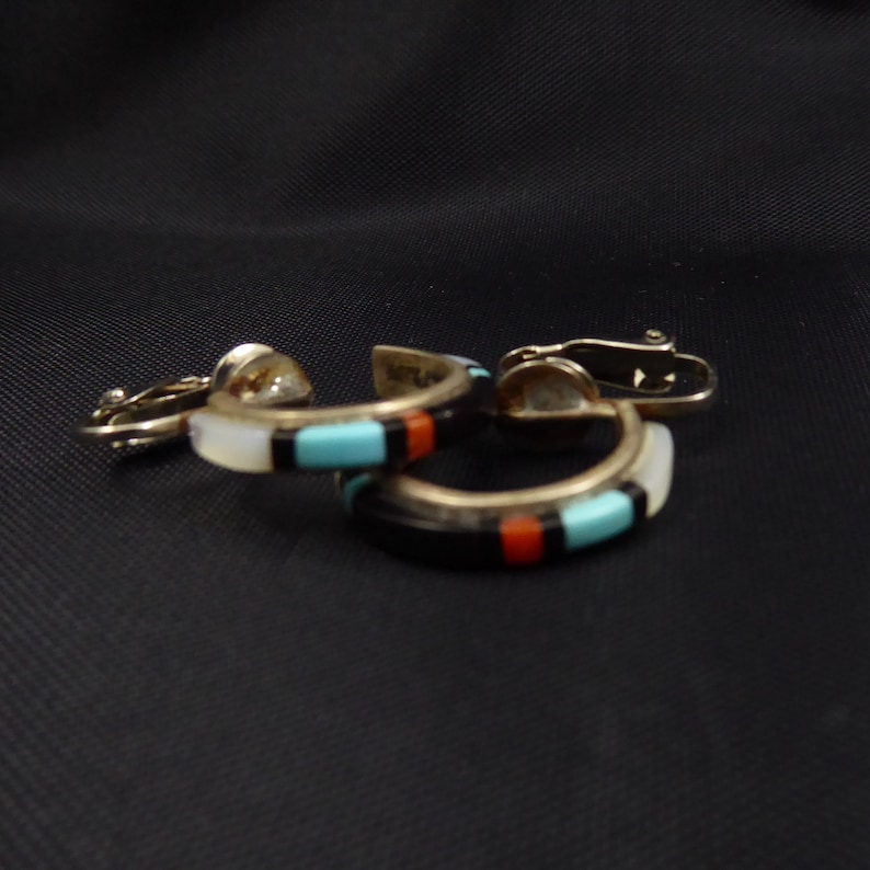 Vintage Zuni Hoop Clip On Earrings Vintage 1950s 1960s Mother of Pearl Black Onyx Turquoise+Coral on 925 Sterling Silver 1950s 1960s