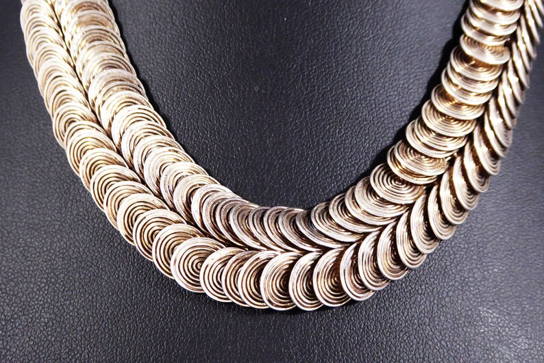 Art Deco Sterling Silver Necklace Double Row Round Link 925 Spiral Links 16 inch Choker Length Modernist Mid Century Vintage 1940s 1960s