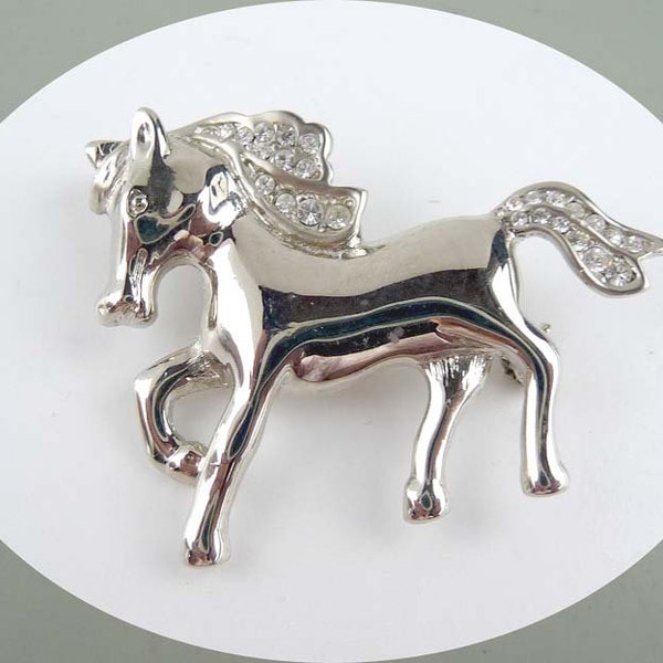 Galloping Rhinestone Horse Brooch - Vintage Silver Tone