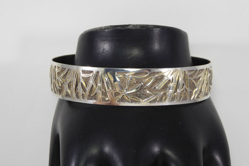 Sterling Silver Bangle Bracelet Bamboo Design 58 wide Tropical Asian Signed 925 Vintage 1970s 1980s BOHO Modern Jewelry gift for her