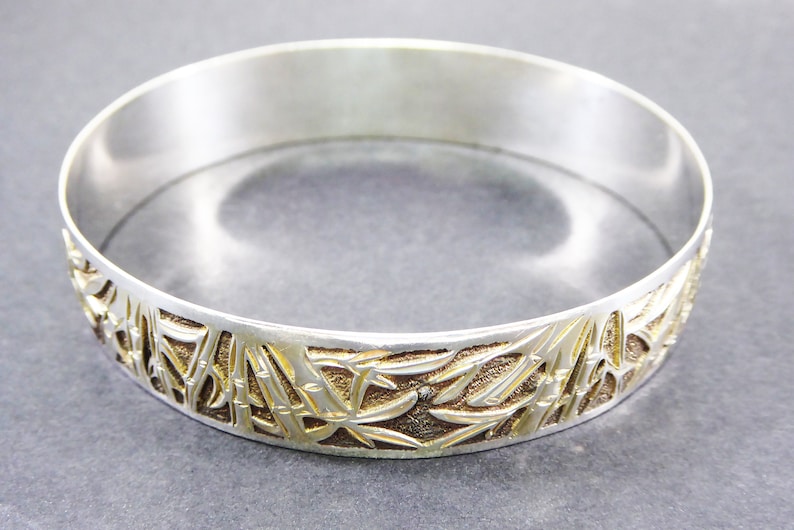 Sterling Silver Bangle Bracelet Bamboo Design 58 wide Tropical Asian Signed 925 Vintage 1970s 1980s BOHO Modern Jewelry gift for her