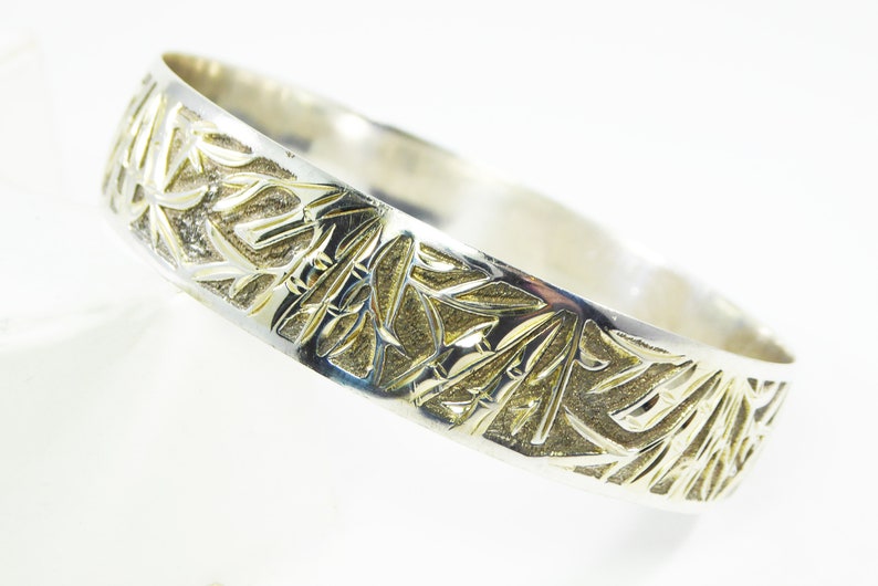 Sterling Silver Bangle Bracelet Bamboo Design 58 wide Tropical Asian Signed 925 Vintage 1970s 1980s BOHO Modern Jewelry gift for her