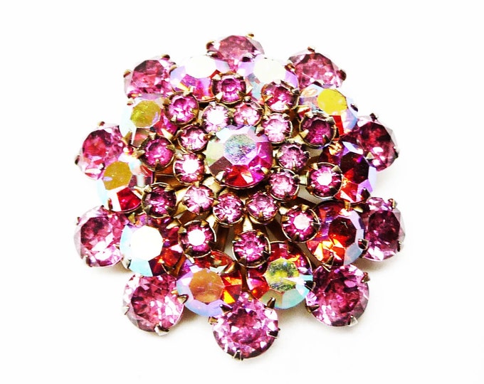 Vintage Pink Rhinestone Brooch Aurora Borealis AB Etsy
