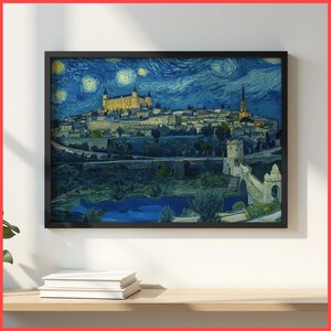 Toledo travel art Alcazar  Starry Night Wall Art Print | Framed Poster / Canvas | Van Gogh Spanish Skyline Art Castilla-La Mancha