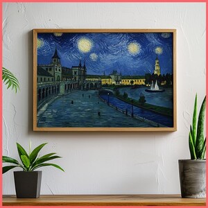 Sevilla Reisekunst, Plaza España, Sternennacht, Wandkunstdruck, gerahmtes Poster/Leinwand, Van Gogh, spanische andalusische Architektur, Andalusien
