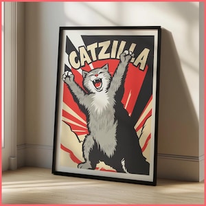 Stampa artistica da parete Catzilla | Poster incorniciato / Tela | Decorazione artistica e divertente con gatto, parodia di Godzilla, poster di animali umoristici, stampa meme incorniciata