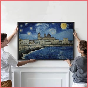 Cadiz travel art Coast Wall Art Print Starry Night | Van Gogh Inspired Seascape || Framed Poster / Canvas | Ocean Art Artistic Coastal Decor