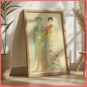 Floral Grace Wandkunstdruck – Pointillistische Frauen in Grüntönen | Gerahmtes Poster / Leinwand | Minimalismus Blumenkleid Kunstwerk Feminines Dekor