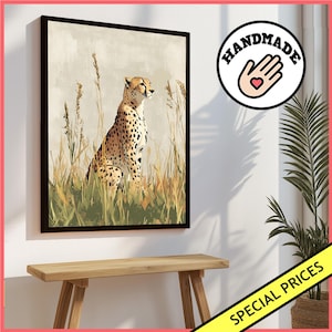 Stampa artistica da parete con ghepardo, elegante poster di animali selvatici nell'erba alta || Poster incorniciato / Tela | Decorazioni Safari | Arte della natura | Stampa di fauna selvatica